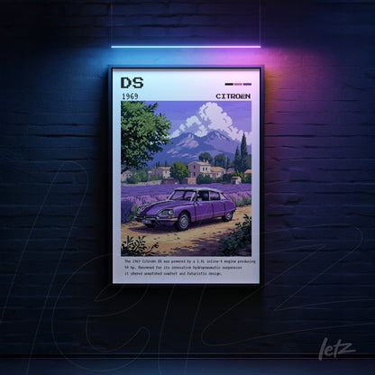framed digital art of the 1969 Citroën DS car with black frame, featuring a backdrop of mountains and rural scenery