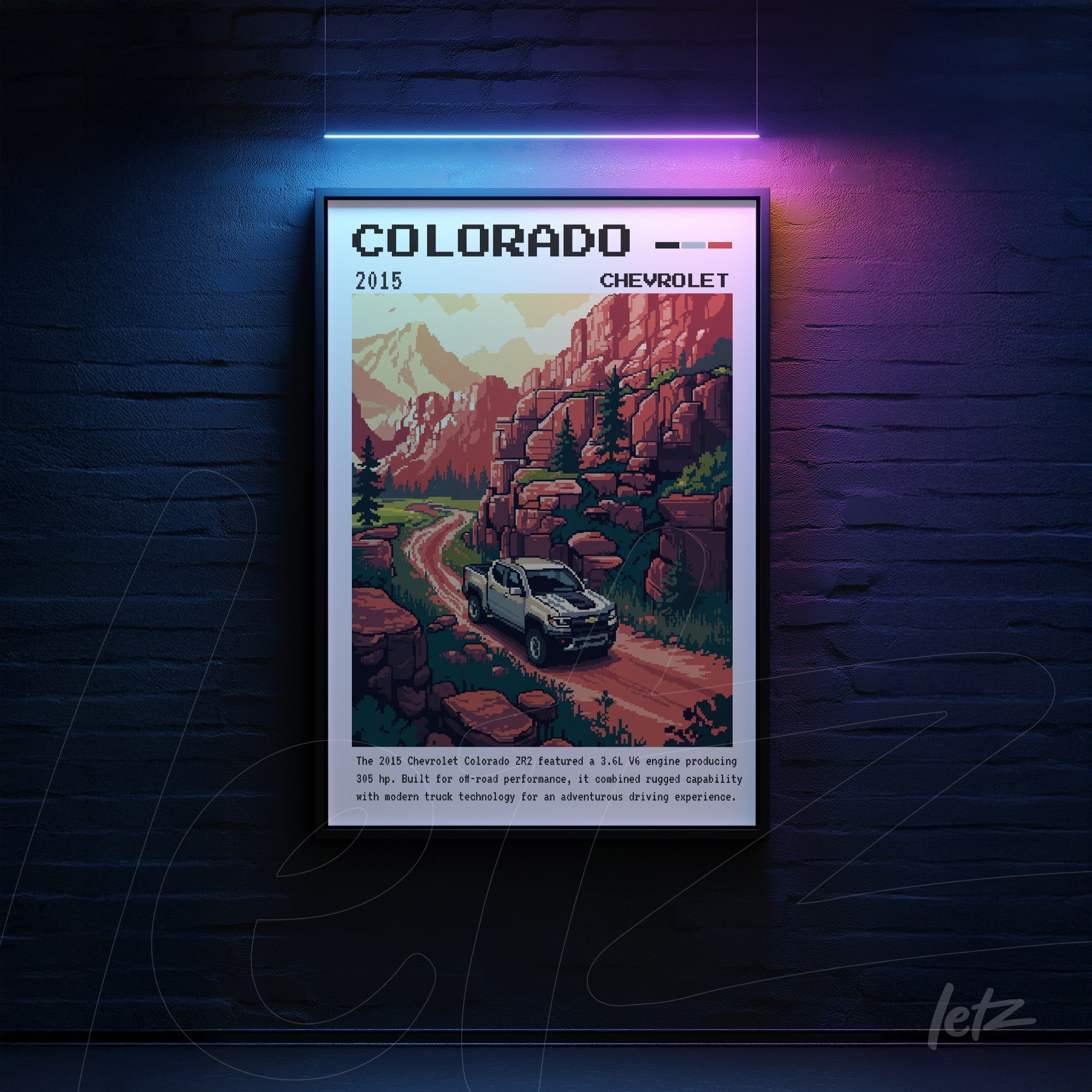 framed digital artwork of the 2015 Chevrolet Colorado in front of rocky mountains with a black frame and neon lighting