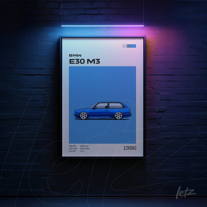 framed wall art featuring a minimalist illustration of a BMW E30 M3 in black frame with blue background and neon lighting