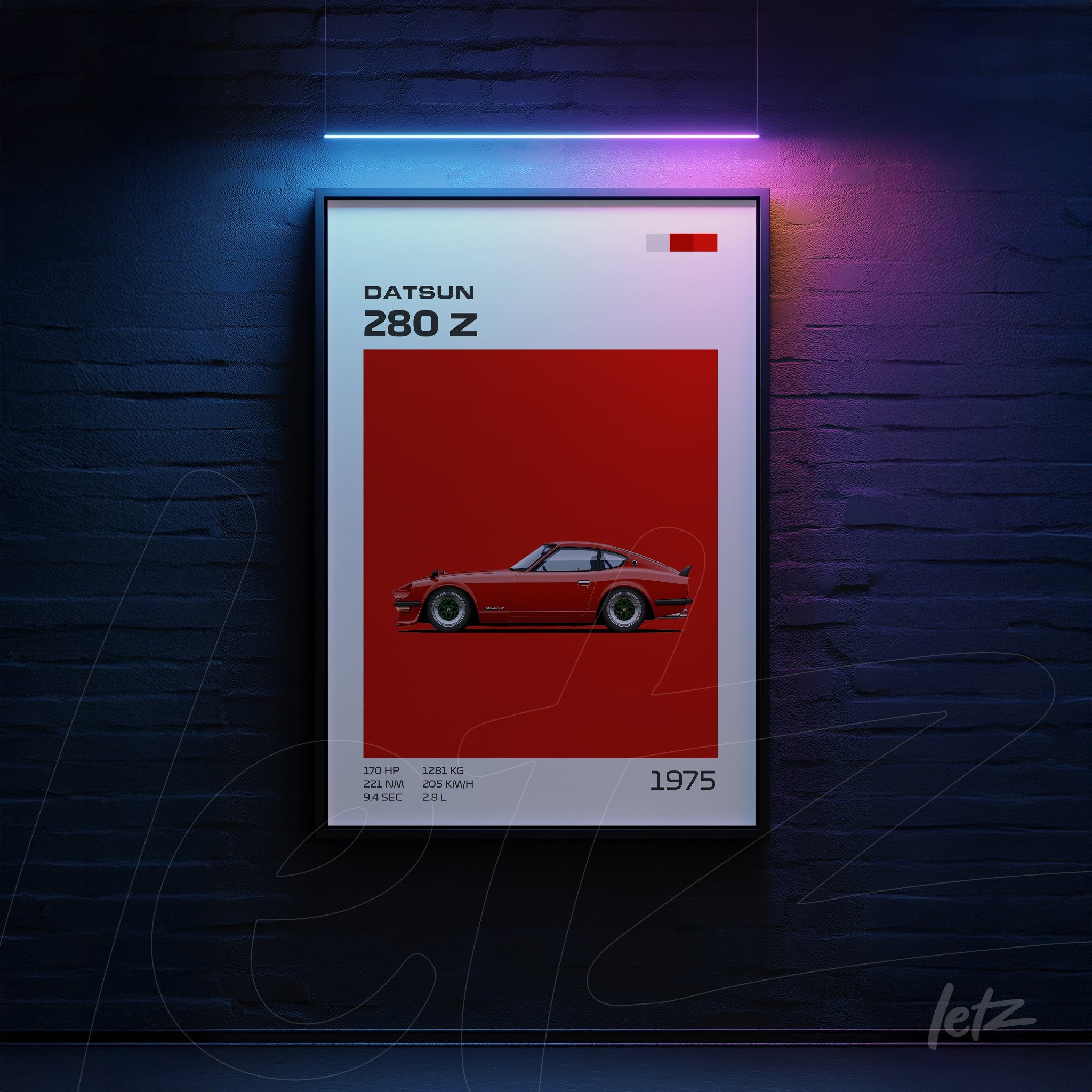 framed wall art featuring illustration of Datsun 280 Z on red background with black frame