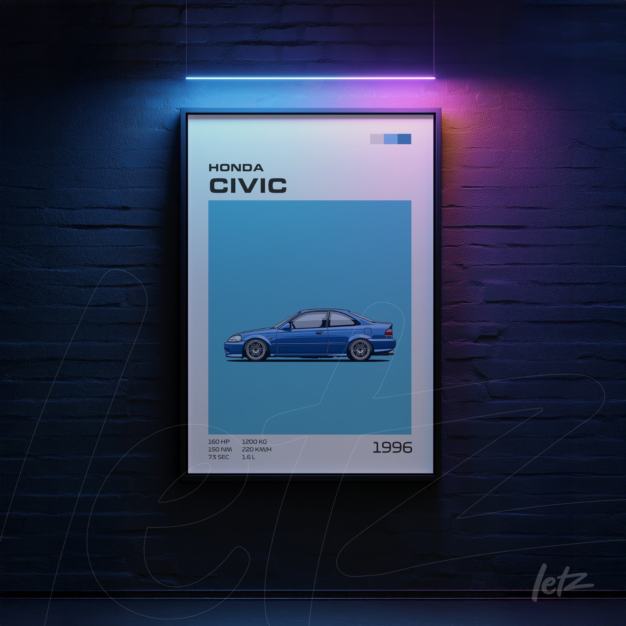 framed wall art featuring a digital illustration of a 1996 Honda Civic, highlighting specs like horsepower and weight