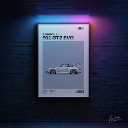 framed wall art featuring a detailed illustration of the Porsche 911 GT2 EVO on a light gray background