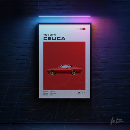 minimalist framed wall art of Toyota Celica on red background with black frame