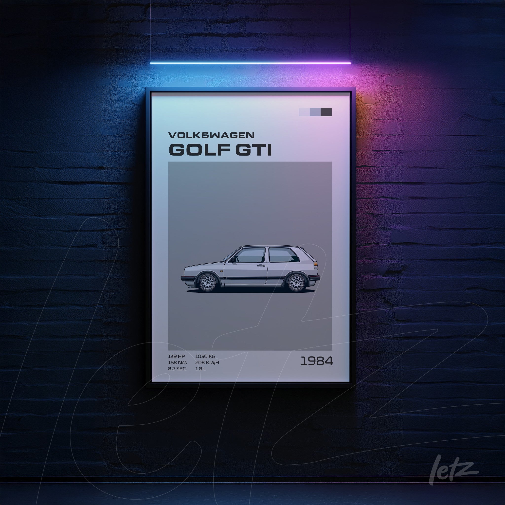 framed minimalist illustration of Volkswagen Golf GTI on dark brick wall