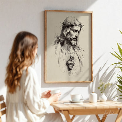 framed wall art with artistic illustration of Jesus Christ in light wood frame, displayed on a light wall with soft shadow
