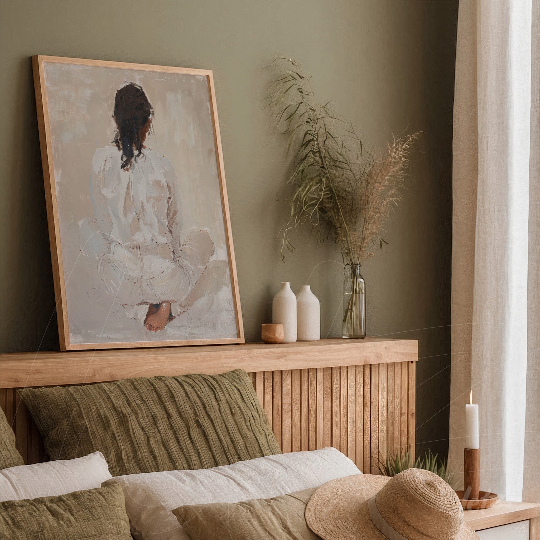 framed art depicting a woman in a seated meditation pose with light wood frame displayed above a wooden headboard in a minimalist setting