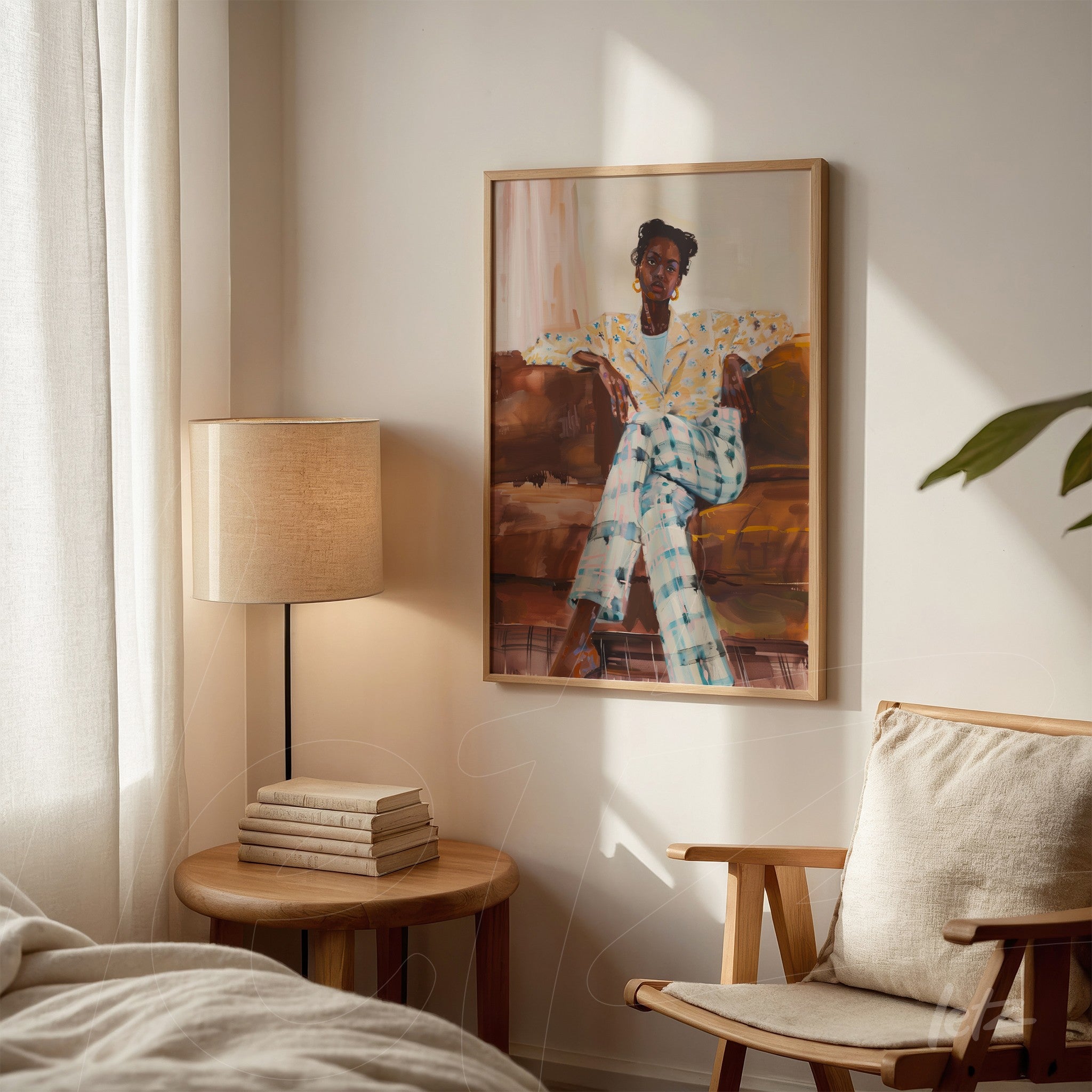 artwork depicting a woman in pajamas sitting on a sofa, framed in light wood, displayed on a neutral wall