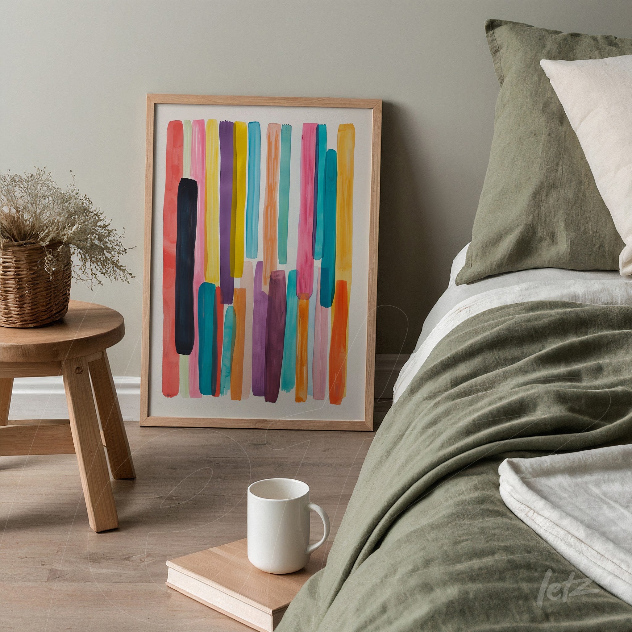 framed abstract art in vibrant colors leaning beside a bed in a cozy setting