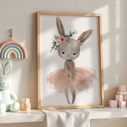 framed wall art featuring a cute rabbit wearing a pink tulle skirt and a flower crown
