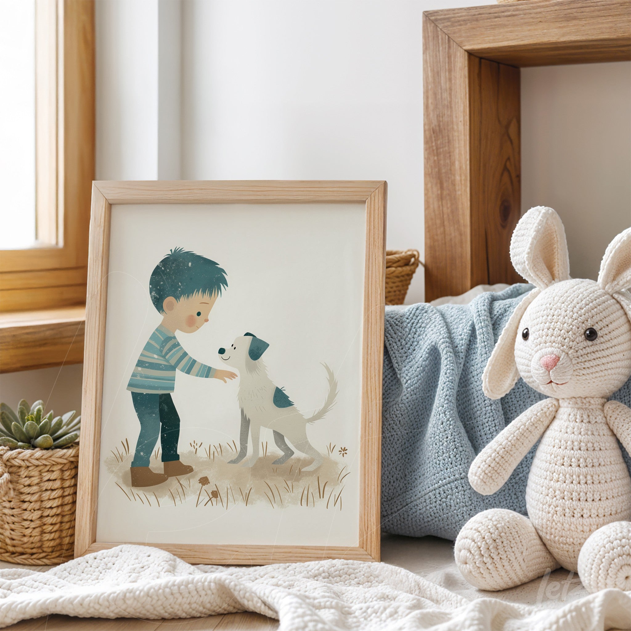 framed artwork in light wood featuring a boy petting a dog in a cozy setting with decorative elements