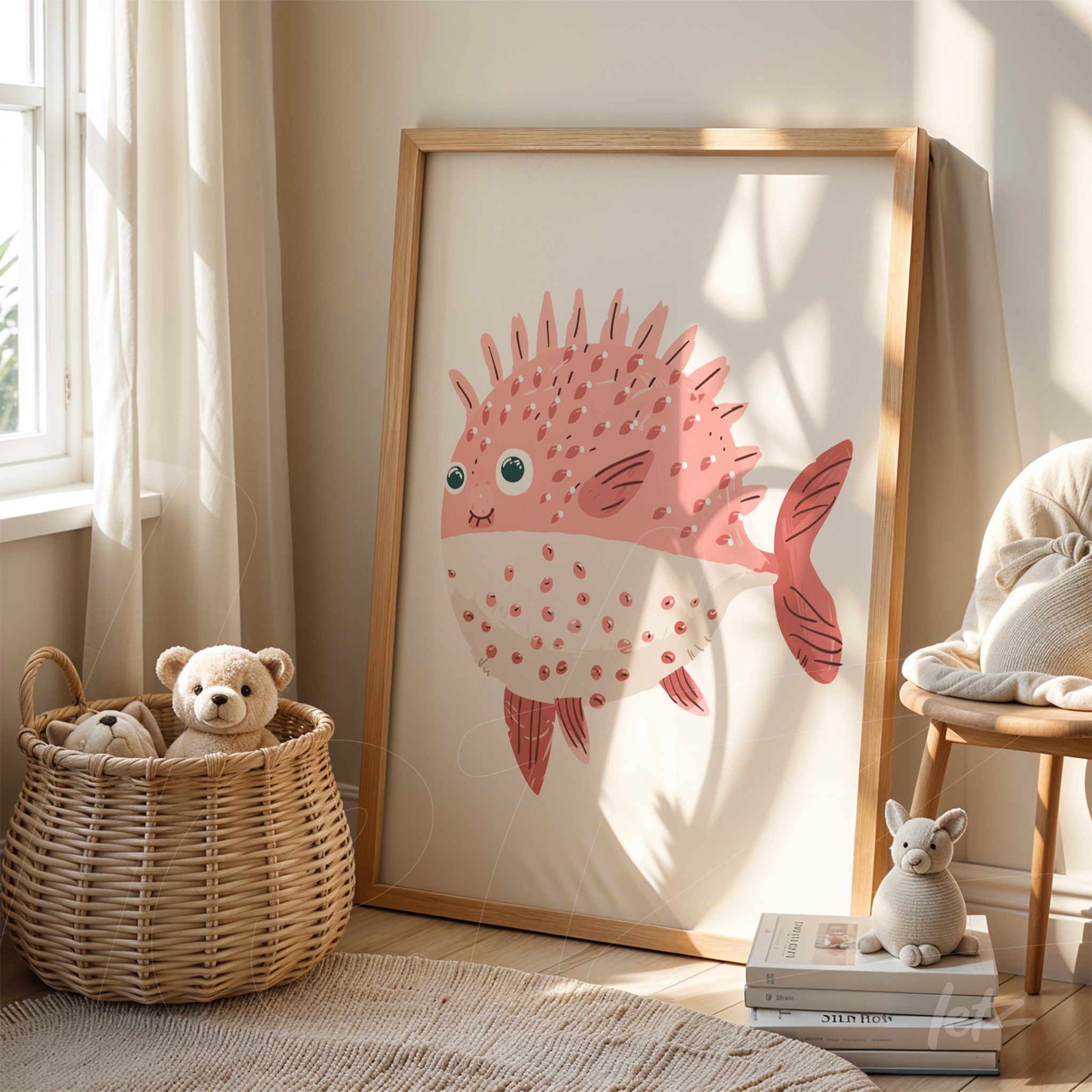 framed digital artwork of a pink spiky fish in a light wood frame displayed in a cozy setting next to a wicker basket