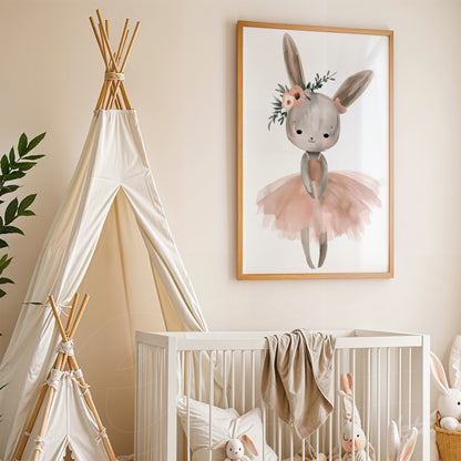 framed artwork of a bunny in pink tutu adorning a nursery, beside a white toy tent