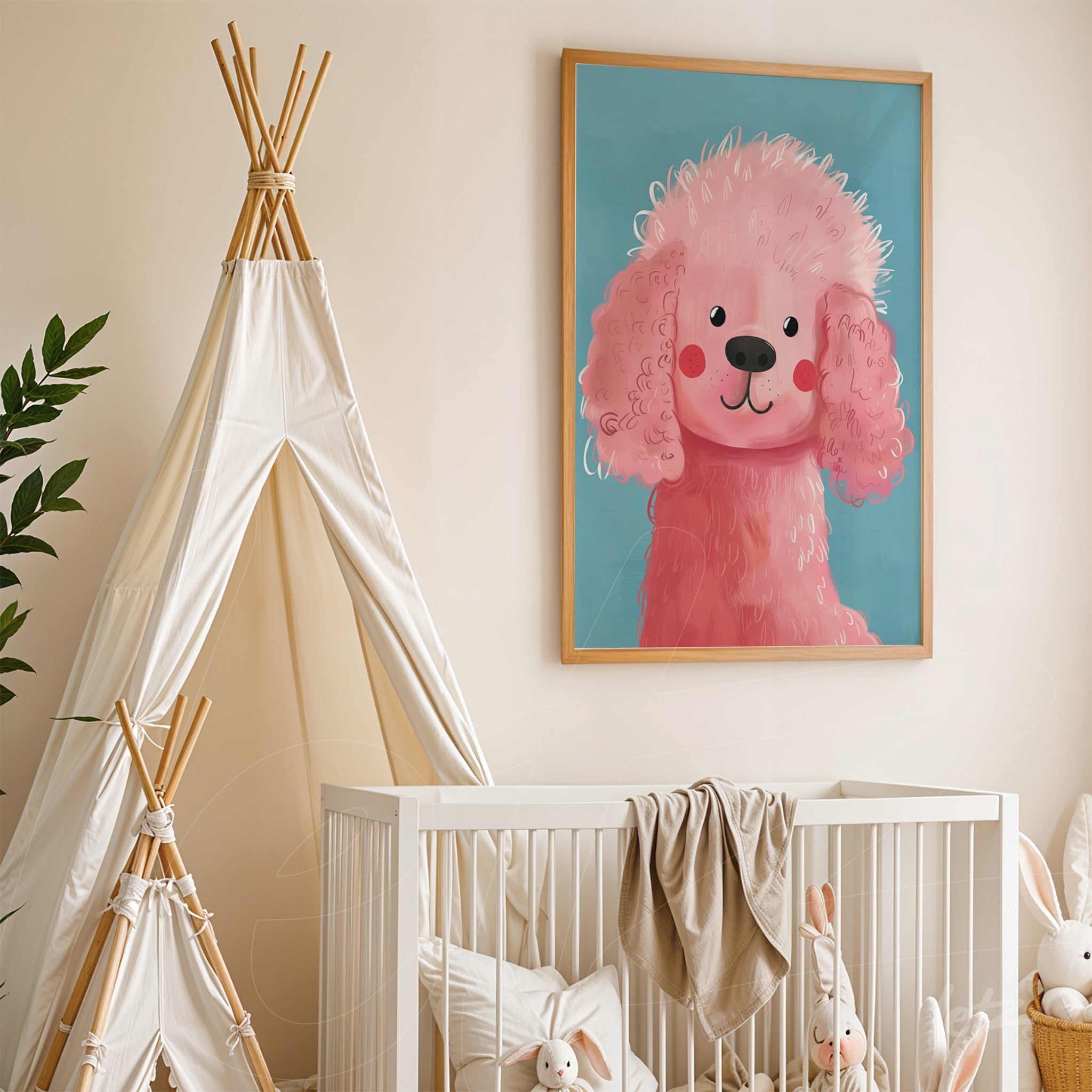 framed art of a pink puppy on blue background in a nursery setting with a crib and tent