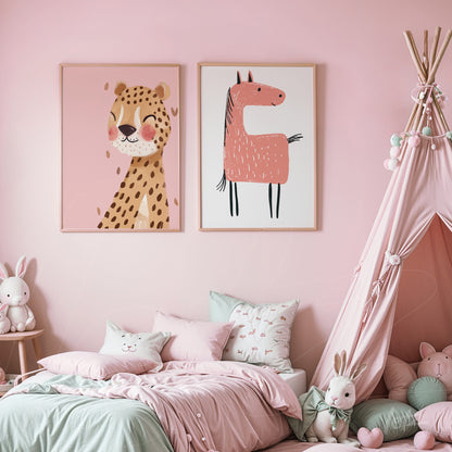 composition of framed animal wall art featuring a smiling leopard illustration and a stylized horse against a pink wall