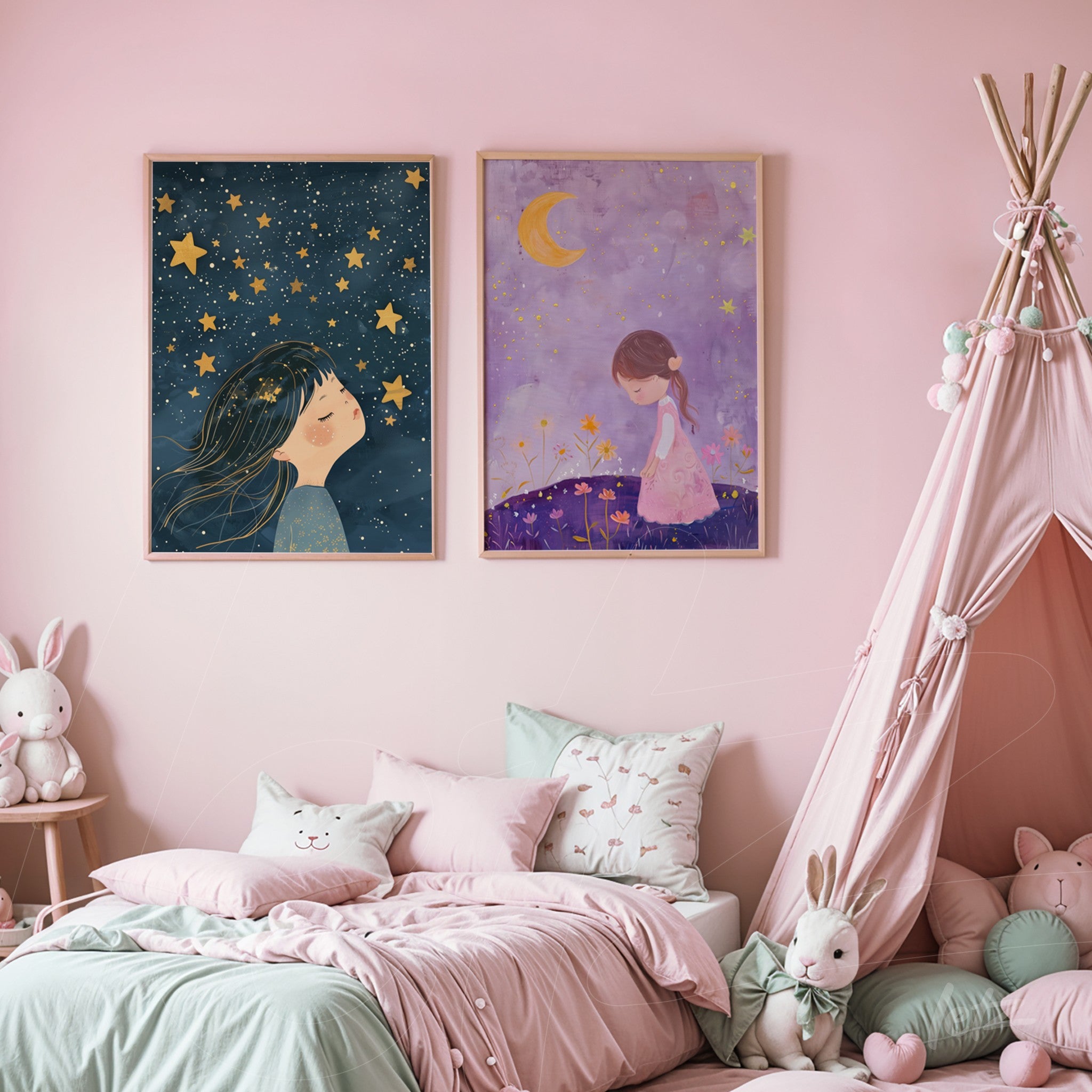 composition of two framed children's artworks with light wooden frames, one features a girl with loose hair gazing at a starry sky and the other shows a girl walking in a flower field under a lilac sky with a full moon, all in a softly decorated pink bedroom setting