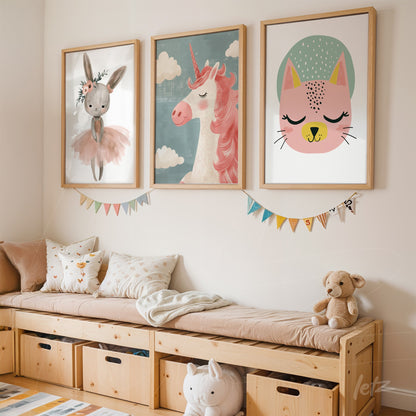 trio of children's framed wall art featuring a ballerina bunny, a unicorn, and a cat, displayed in light wood frames above a storage bench in a cozy room