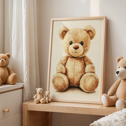framed illustration of a teddy bear in light wood frame, displayed on a wooden dresser beside small teddy bears