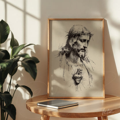 framed artwork depicting a black and white illustration of Jesus Christ with a crown of thorns in a light wood frame