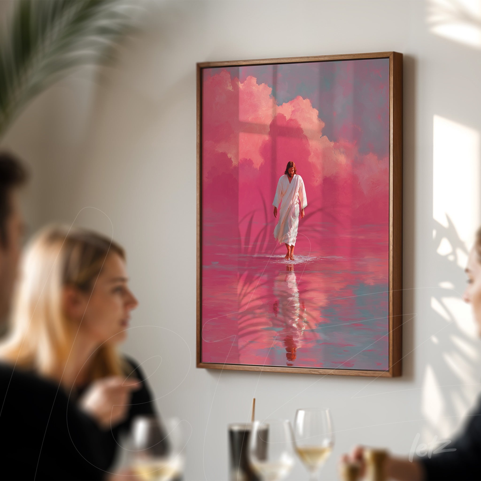 framed digital art of a mystical figure walking on water reflecting pink clouds and soft background with light wood frame