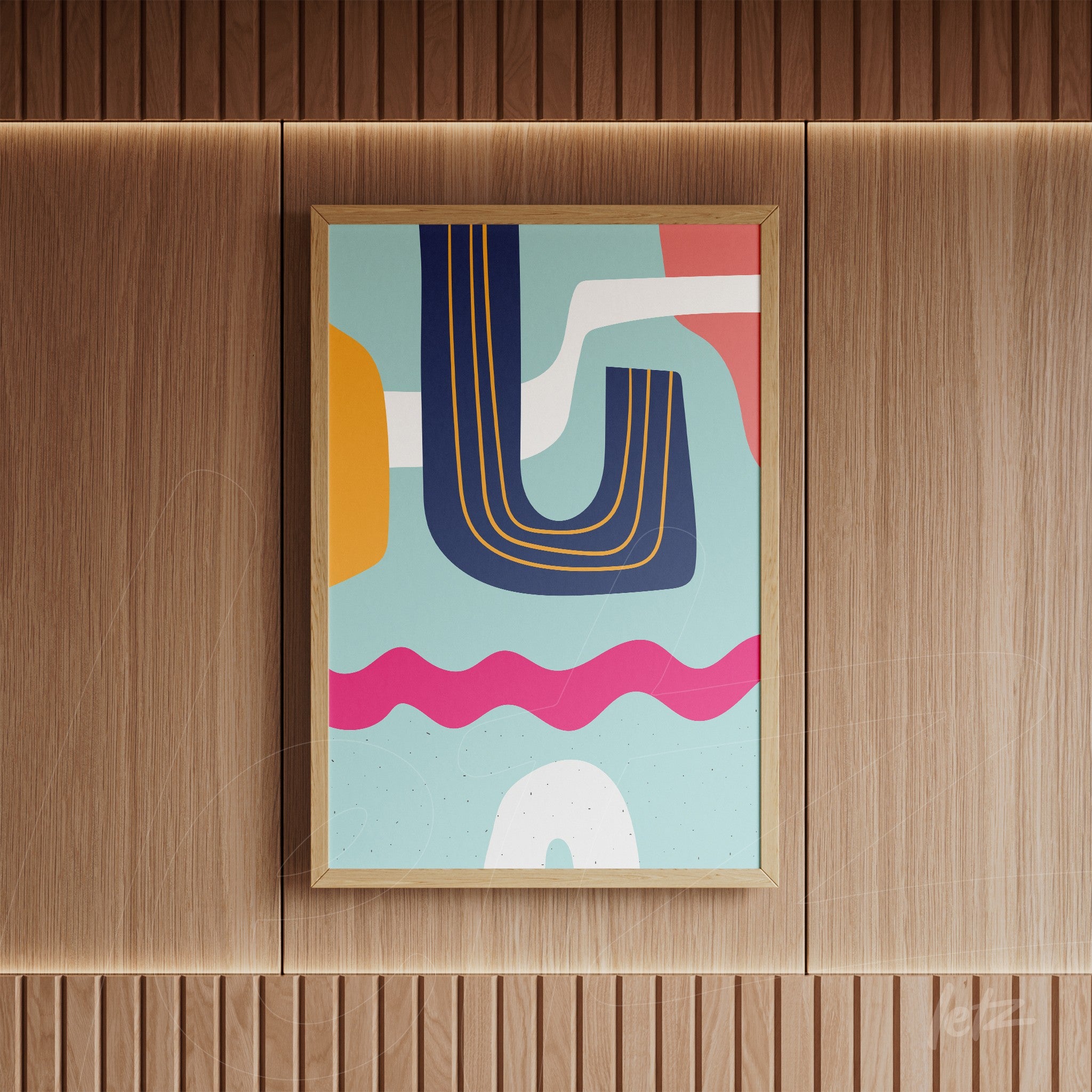 ```json
{
  "alt": "quadro abstrato boho com formas geométricas coloridas em moldura de madeira exibido em parede de madeira listrada",
  "alt_en": "boho abstract wall art with colorful geometric shapes in wooden frame displayed on striped wood wall"
}
```