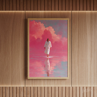 framed wall art depicting a religious figure walking on water with pink clouds reflected on the surface
