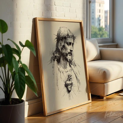 canvas print featuring a black and white illustration of Jesus Christ with a light wood frame leaning against a wooden floor beside a plant