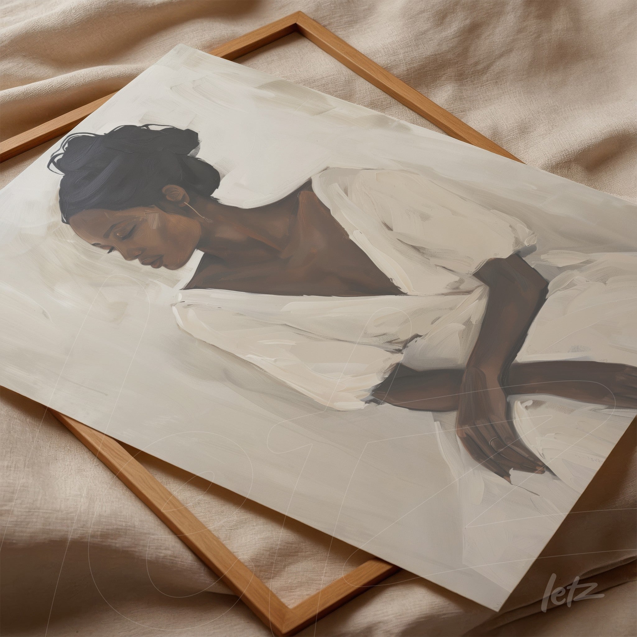 canvas artwork of a woman in a white dress against a neutral background, resting on a light wood frame