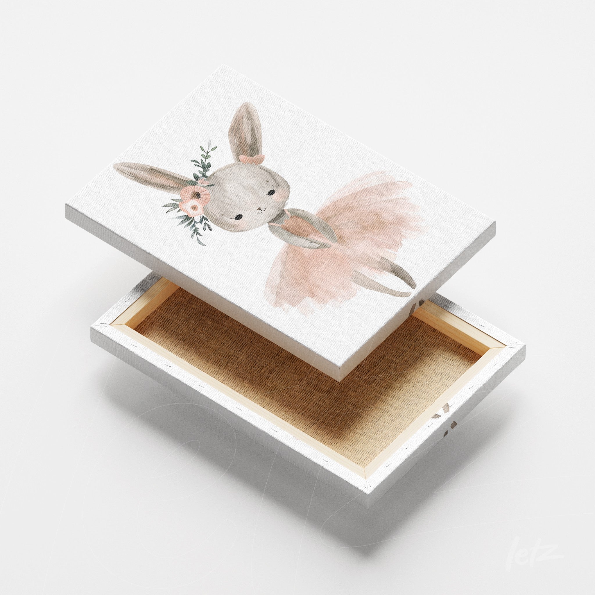 canvas print featuring a cute bunny wearing a pink tutu and floral crown, set against a white background