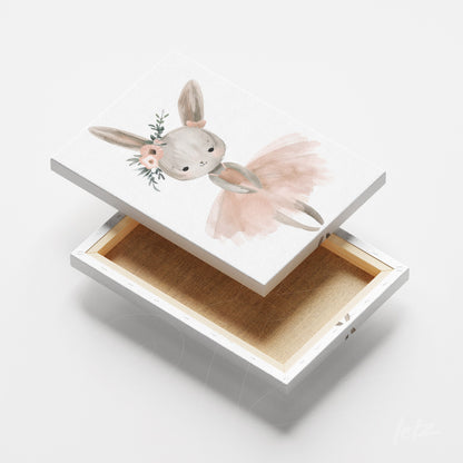 canvas print featuring a cute bunny wearing a pink tutu and floral crown, set against a white background