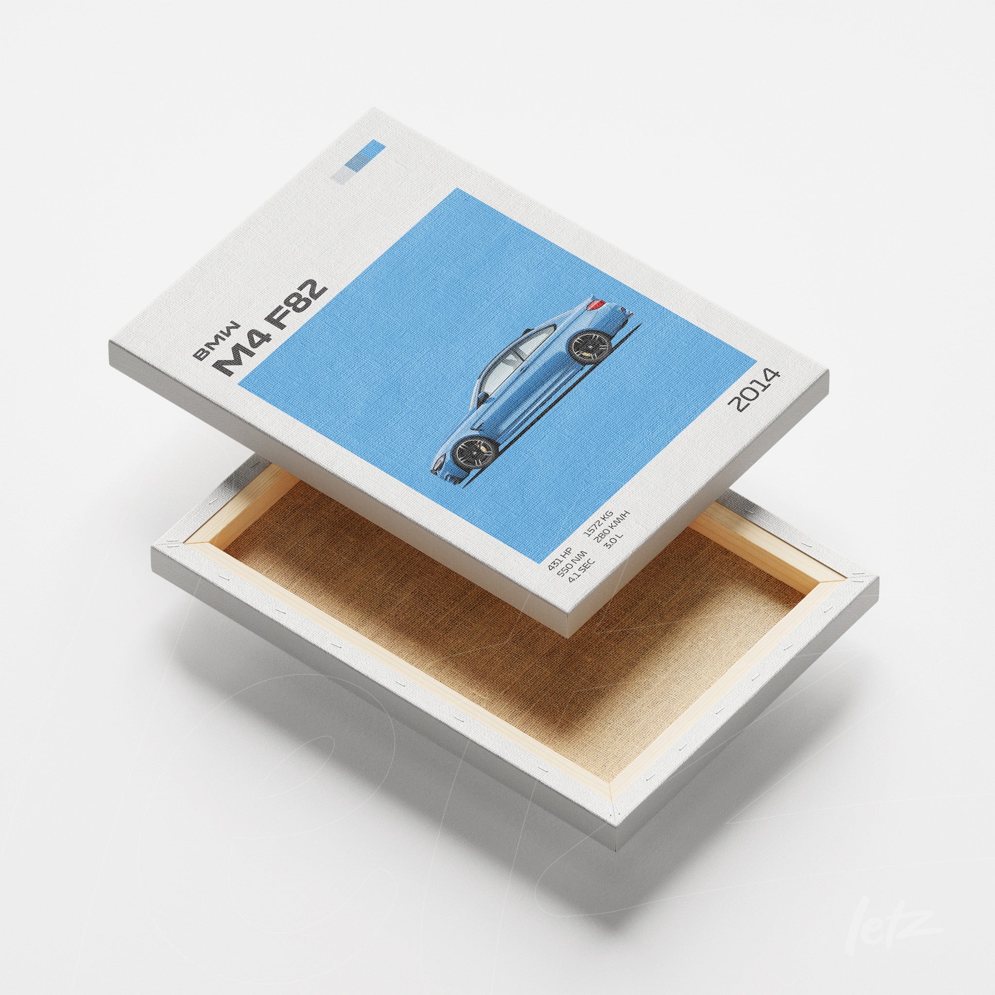 canvas art featuring the bmw m4 f82 car design on a light blue background with a white frame