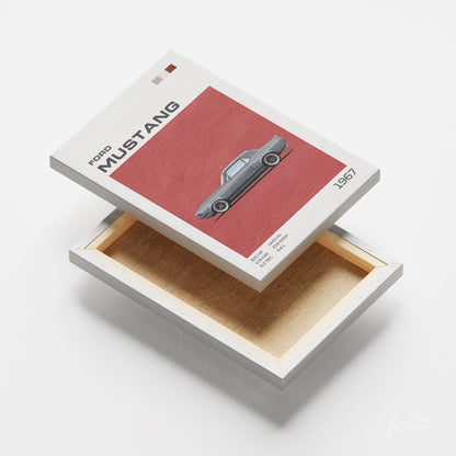 canvas print featuring vintage illustration of 1967 Ford Mustang, with a red background and white frame