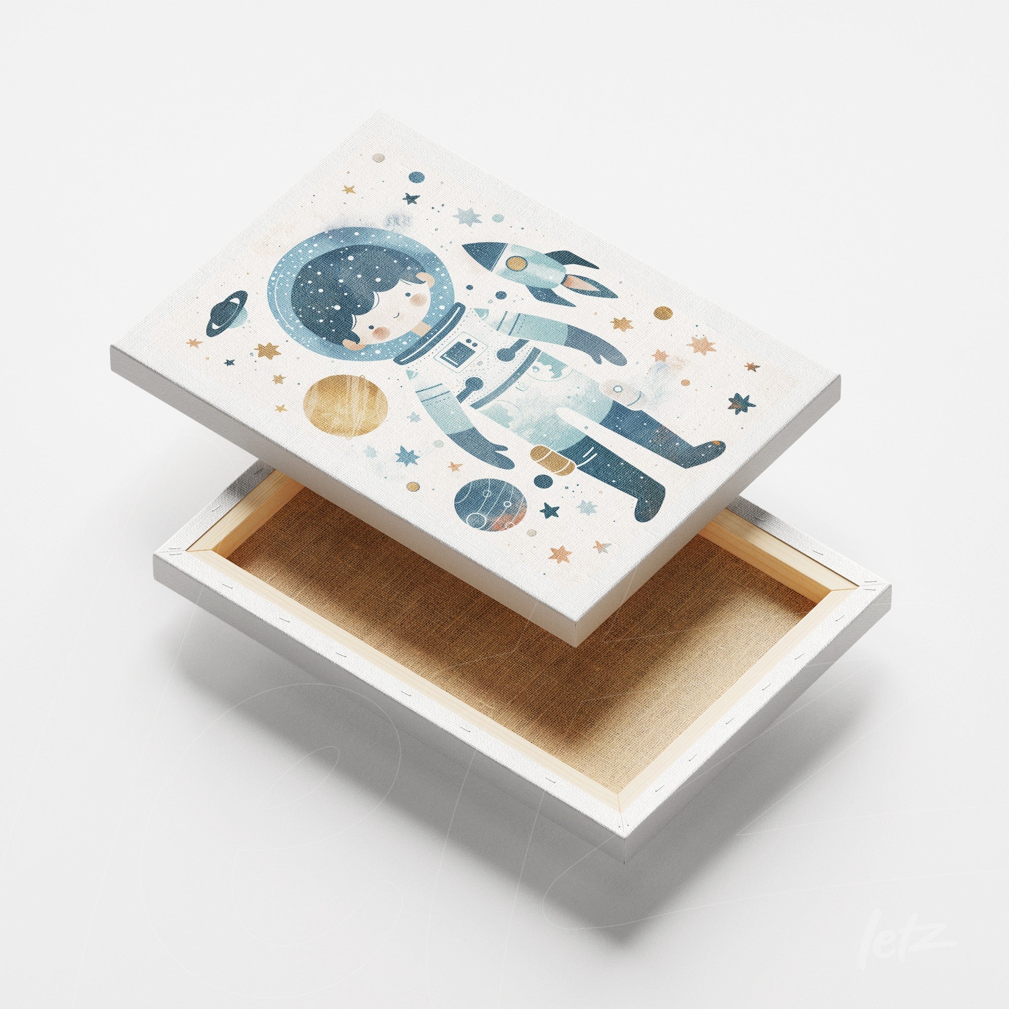 canvas print featuring a children's illustration of an astronaut in a space background with planets