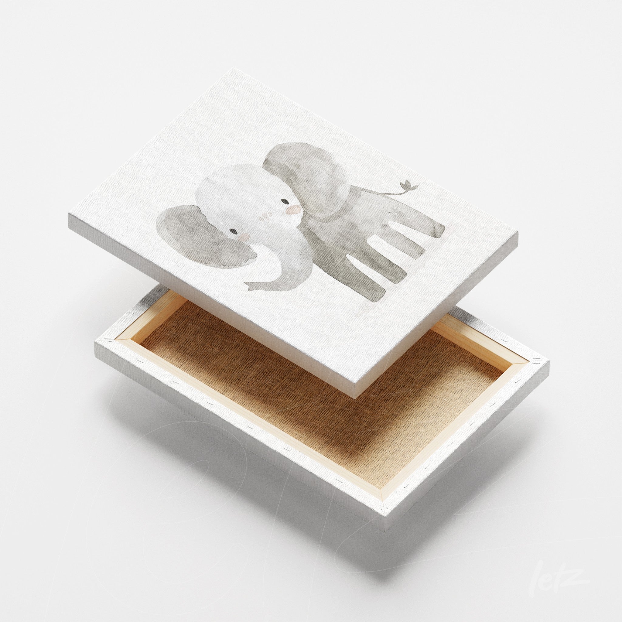canvas print featuring a gray and white elephant illustration supported by a white frame