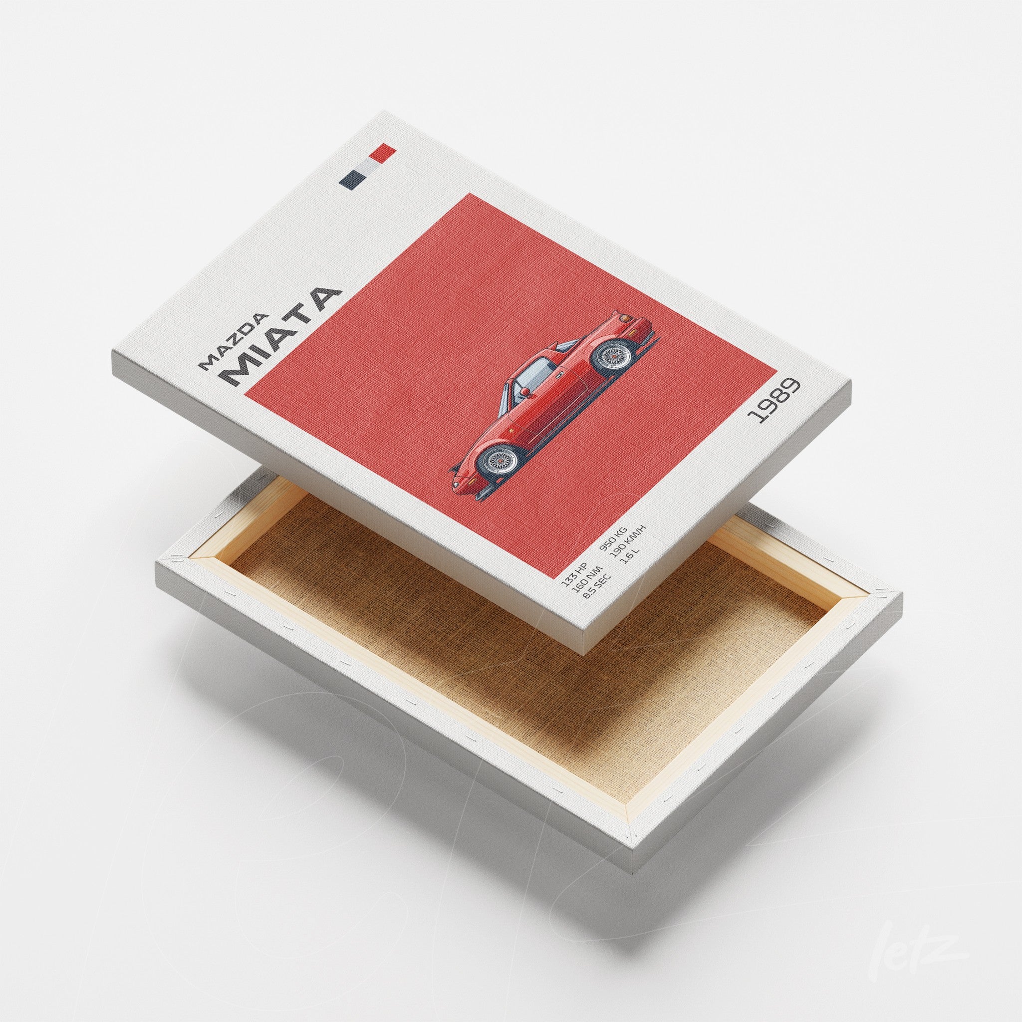 canvas print featuring retro art of Mazda Miata car against a red background