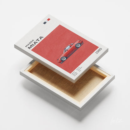 canvas print featuring retro art of Mazda Miata car against a red background