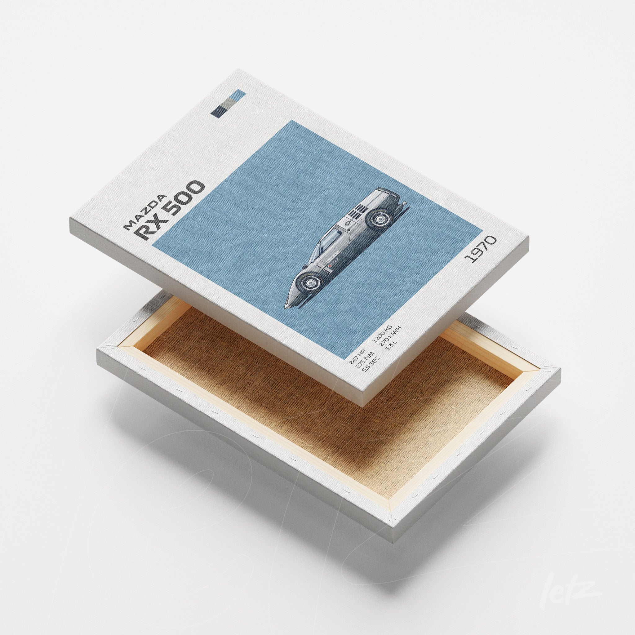 canvas print featuring an illustration of the Mazda RX-500 car on a light blue background dated 1970 with no visible frame