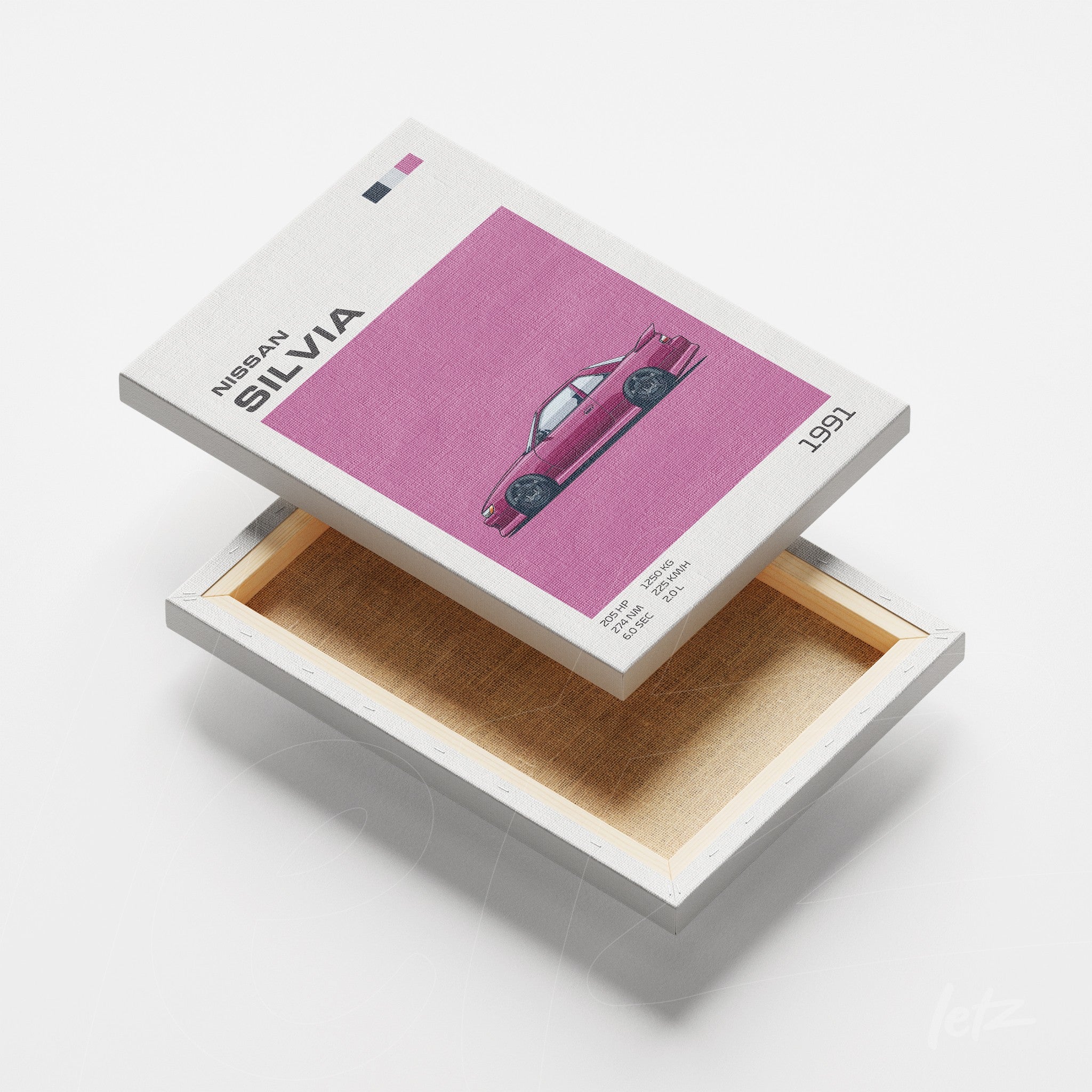 digital artwork of a 1991 Nissan Silvia on canvas featuring a purple background and gray accents