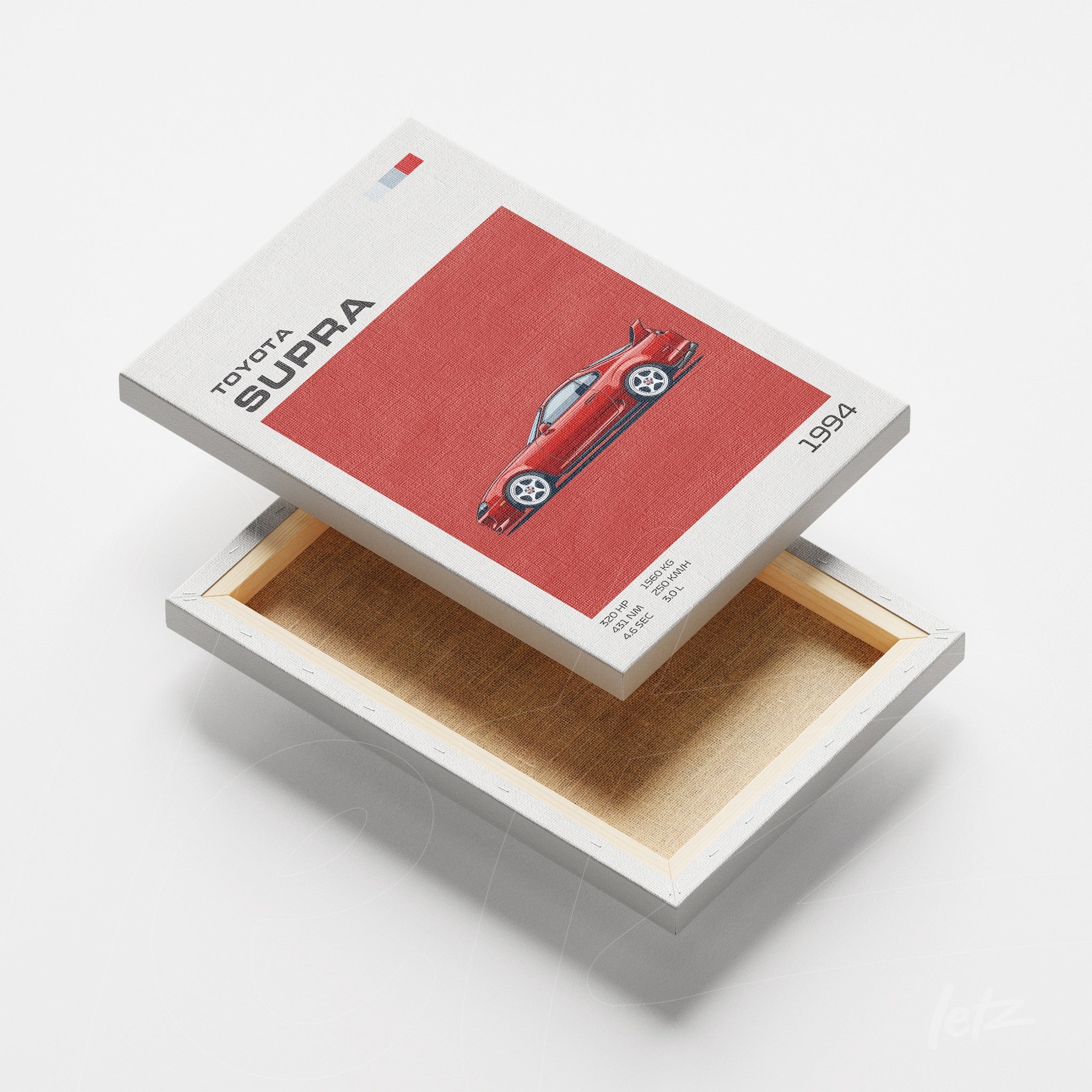 canvas art featuring a 1984 Toyota Supra on a red background