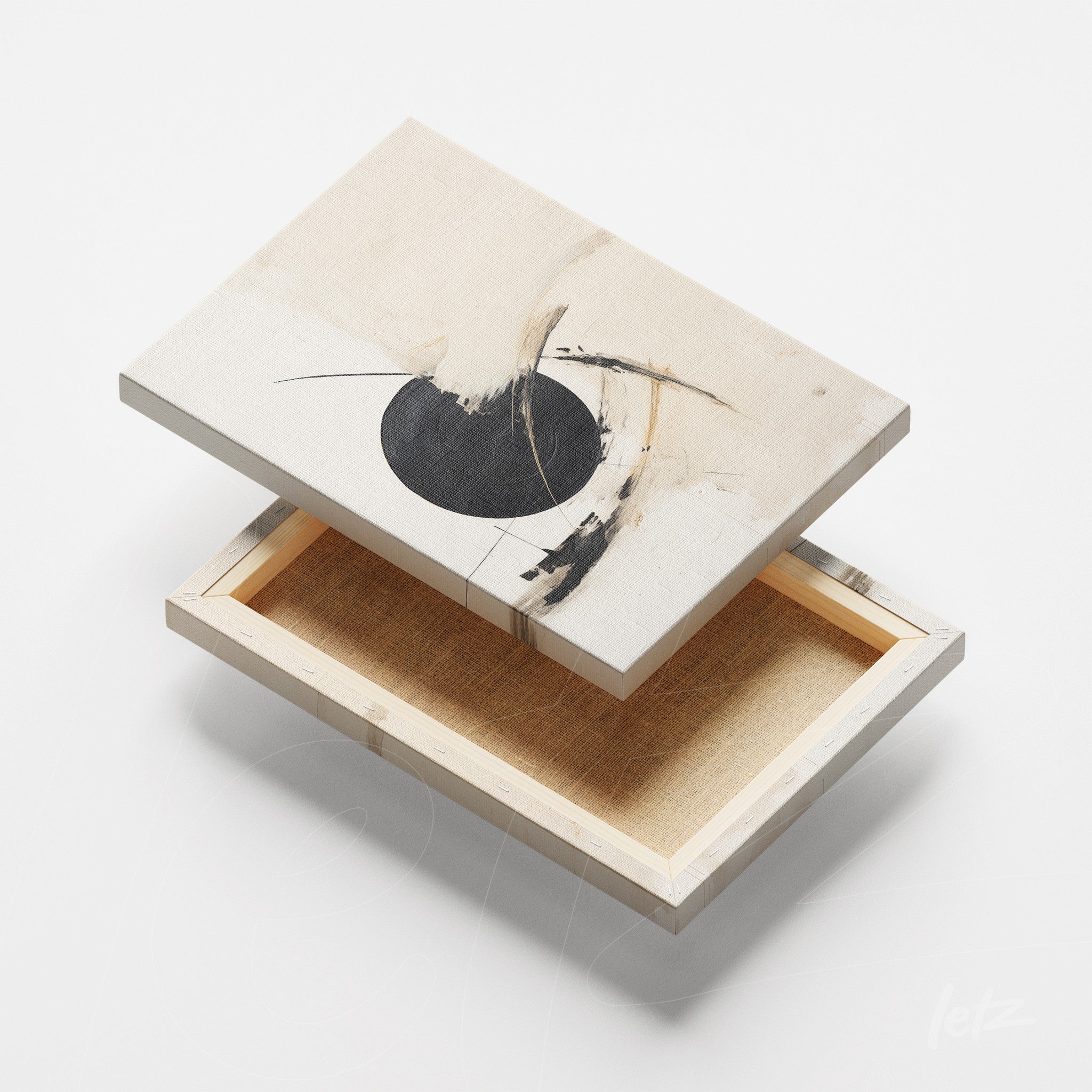 canvas art featuring abstract design in neutral tones with black circle, shown from the side to highlight the frame depth