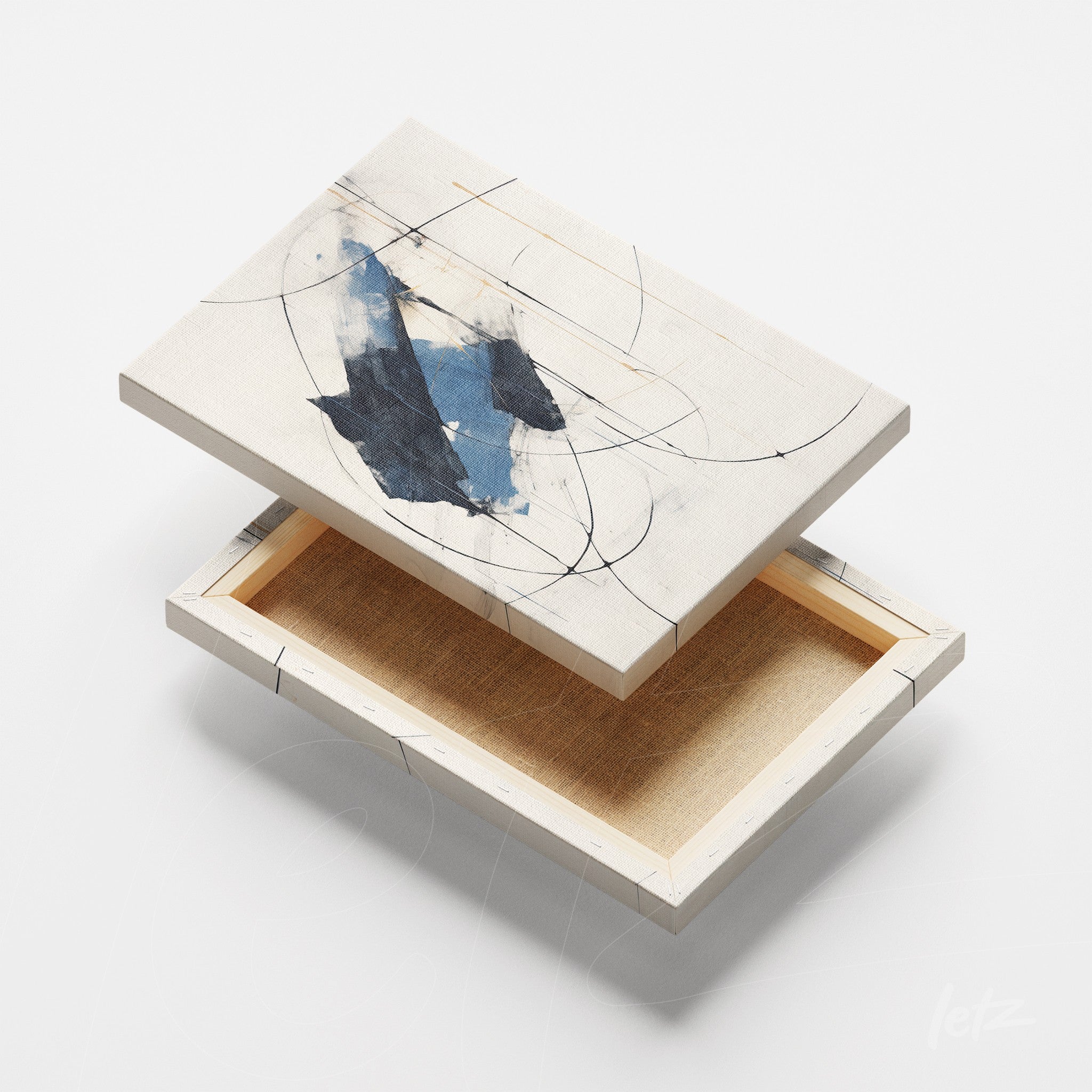 canvas wall art featuring an abstract design in shades of blue with fine black lines on a light background