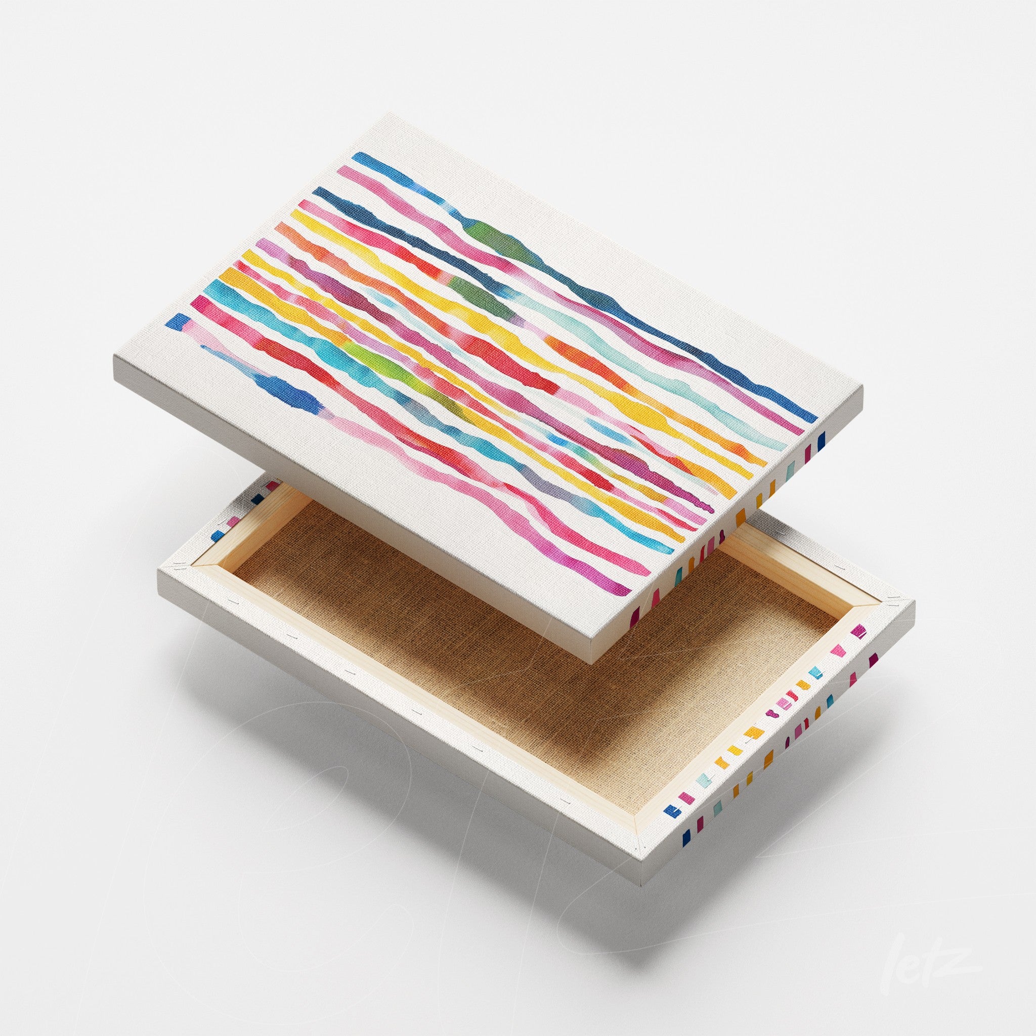 modern canvas art featuring colorful lines in various shades on a light background