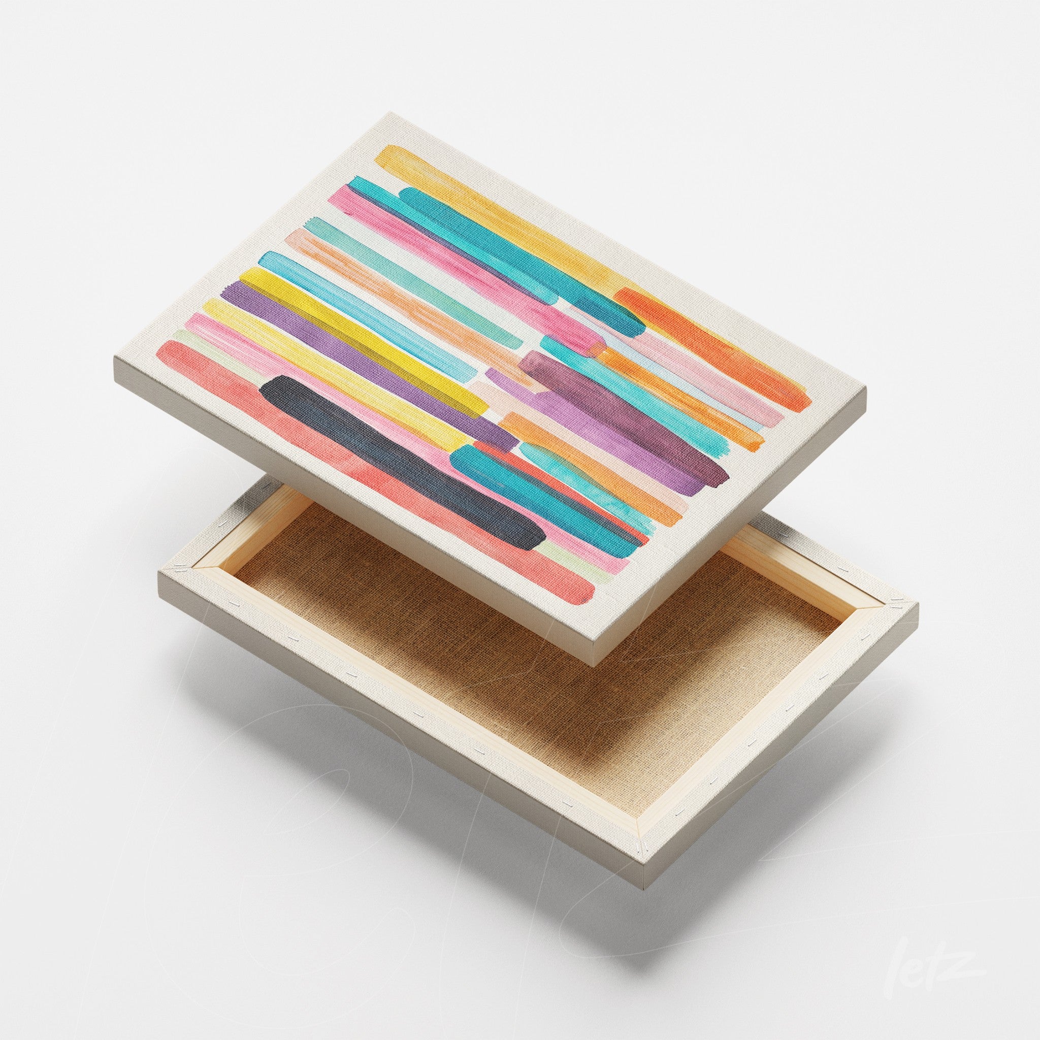 canvas artwork featuring colorful stripes in blue, pink, and black on a light background