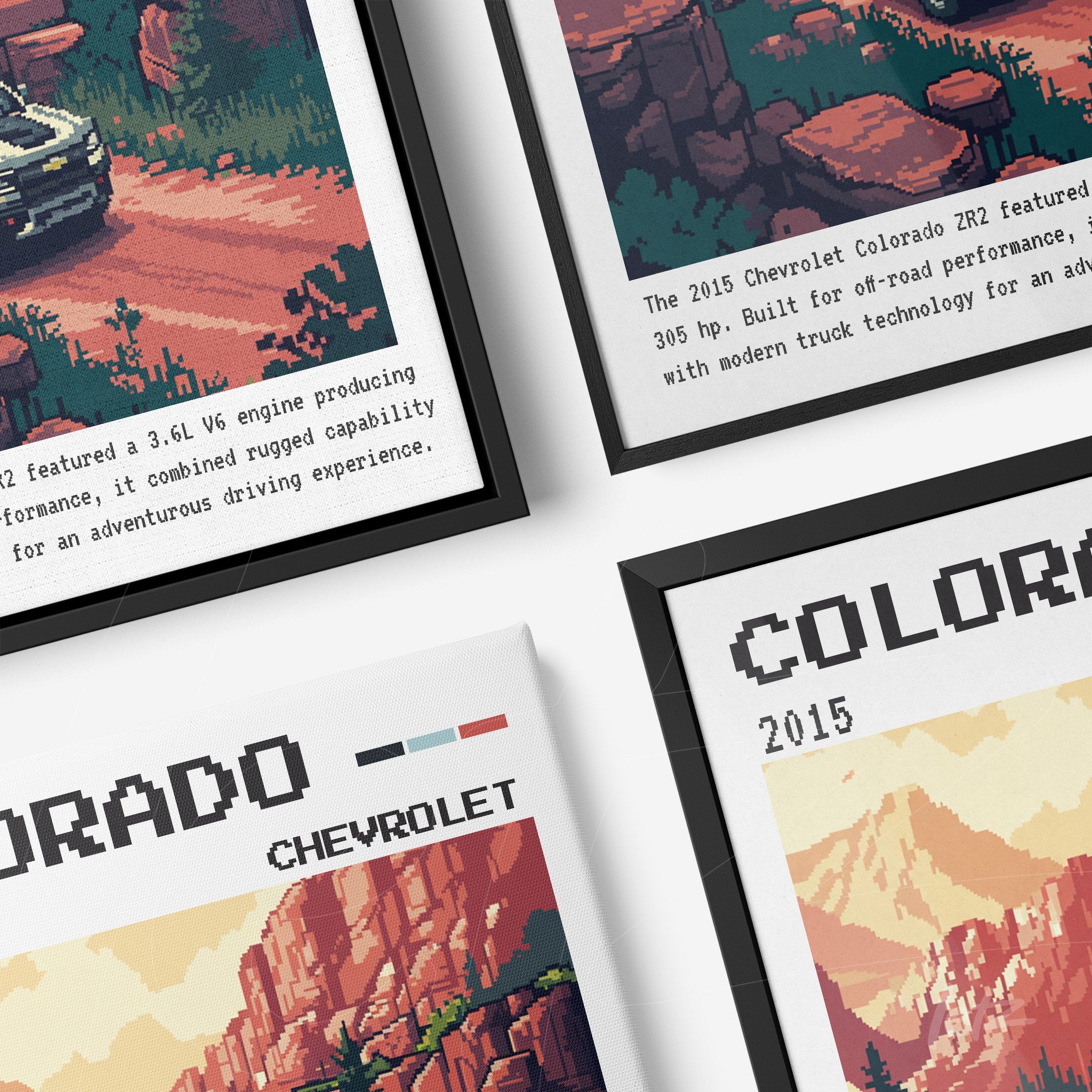 pixel art framed print of Chevrolet Colorado car in desert landscape with black frame