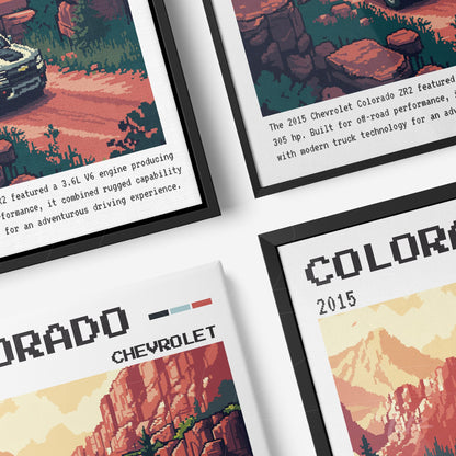 pixel art framed print of Chevrolet Colorado car in desert landscape with black frame