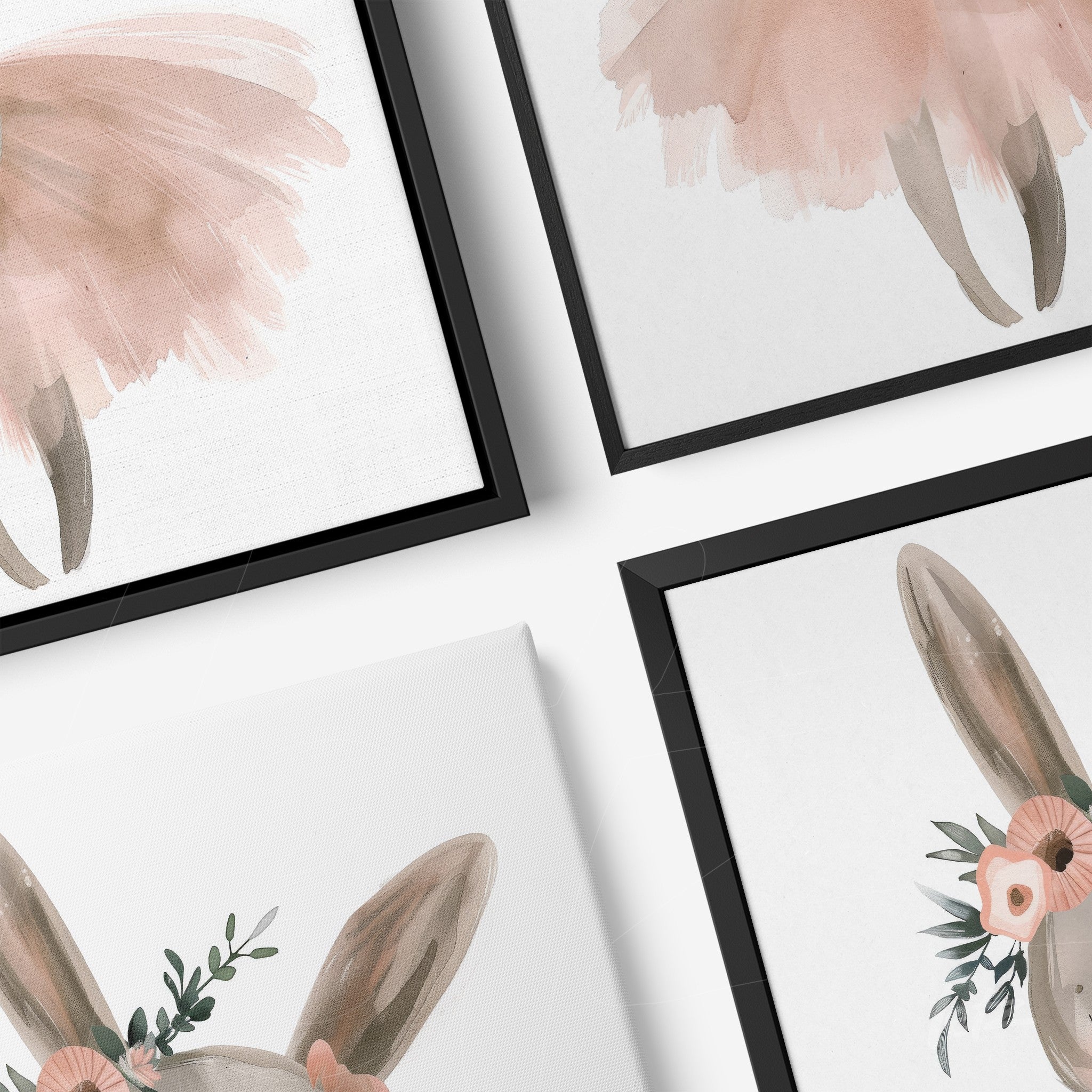 composition of framed artworks featuring delicate rabbits wearing pink tulle skirts and floral decorations in thin black frames