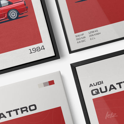 digital art composition featuring audi quattro car illustrations, showcasing red and black details on a white background