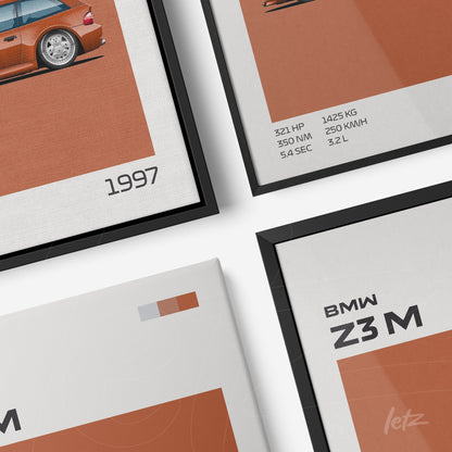 composition of wall art featuring illustrations of the BMW Z3M car in different finishes, highlighting the year 1997 and technical specifications on an orange background