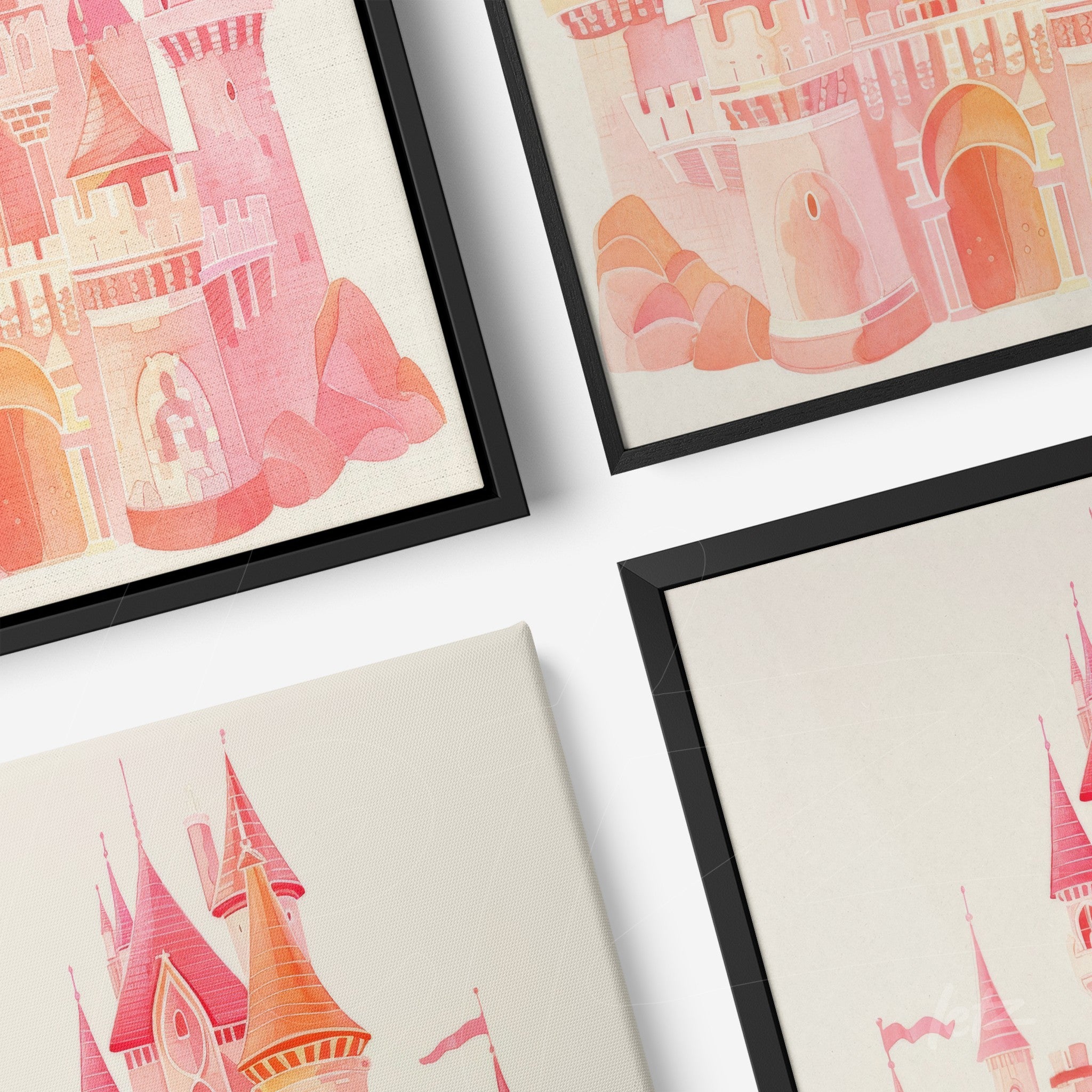 set of frames featuring pink tone castle illustrations with thin black frames