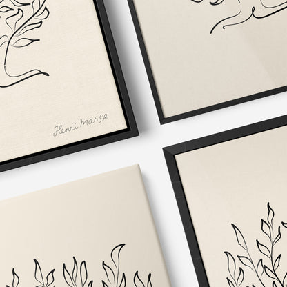collection of framed minimalistic leaf art in black frames set against a light background