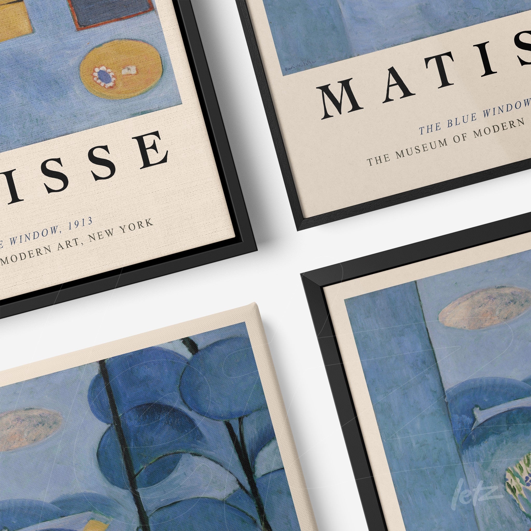 arrangement of framed artwork in black frames featuring abstract art in shades of blue, titled 'The Blue Window' by Matisse